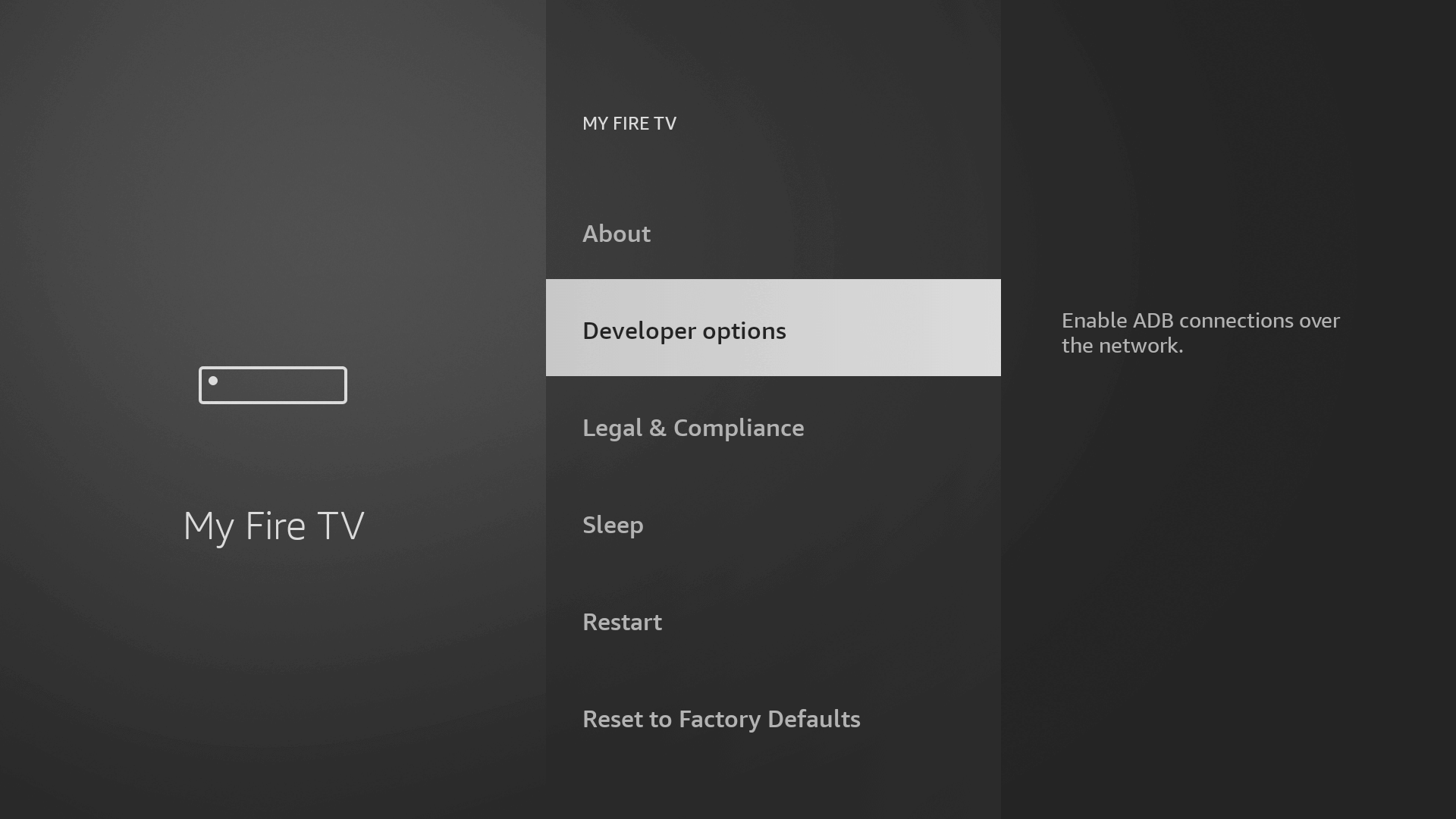 Click the Fire TV name 7 times to unlock Developer Options — Apollo Group TV install step 5