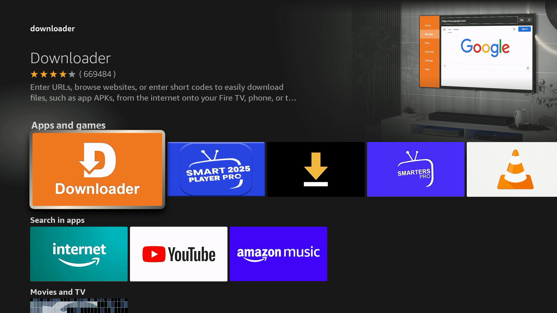 Search Fire TV App Store for Downloader — Apollo Group TV install step 8